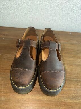 Dr. Martens Kids Brown Leather T-Bar Shoes with Yellow Stitching